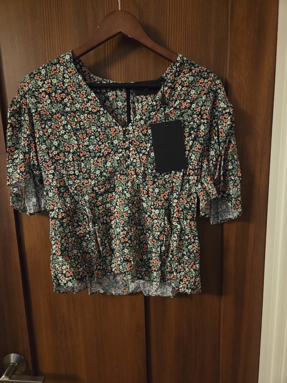 The Kooples Black Floral Flutter Sleeve Blouse with Green & Coral Print - Picture 3 of 6